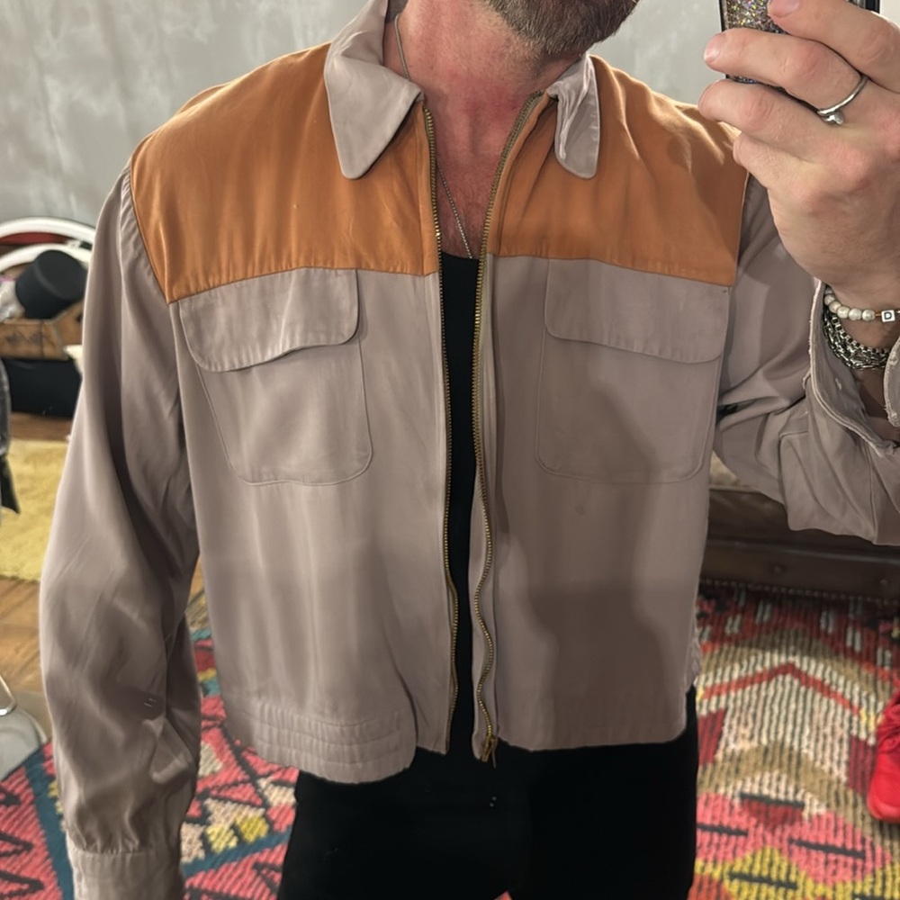 Vintage men’s jacket, khaki and brown size medium zipper up with collar